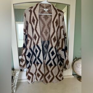 Large Cozy Geometric Open-Front Women's Cardigan - Brown & Cream